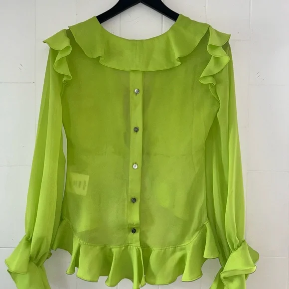 Ruffle Trim Sheer Blouse - Lime Green - Picture 2 of 4